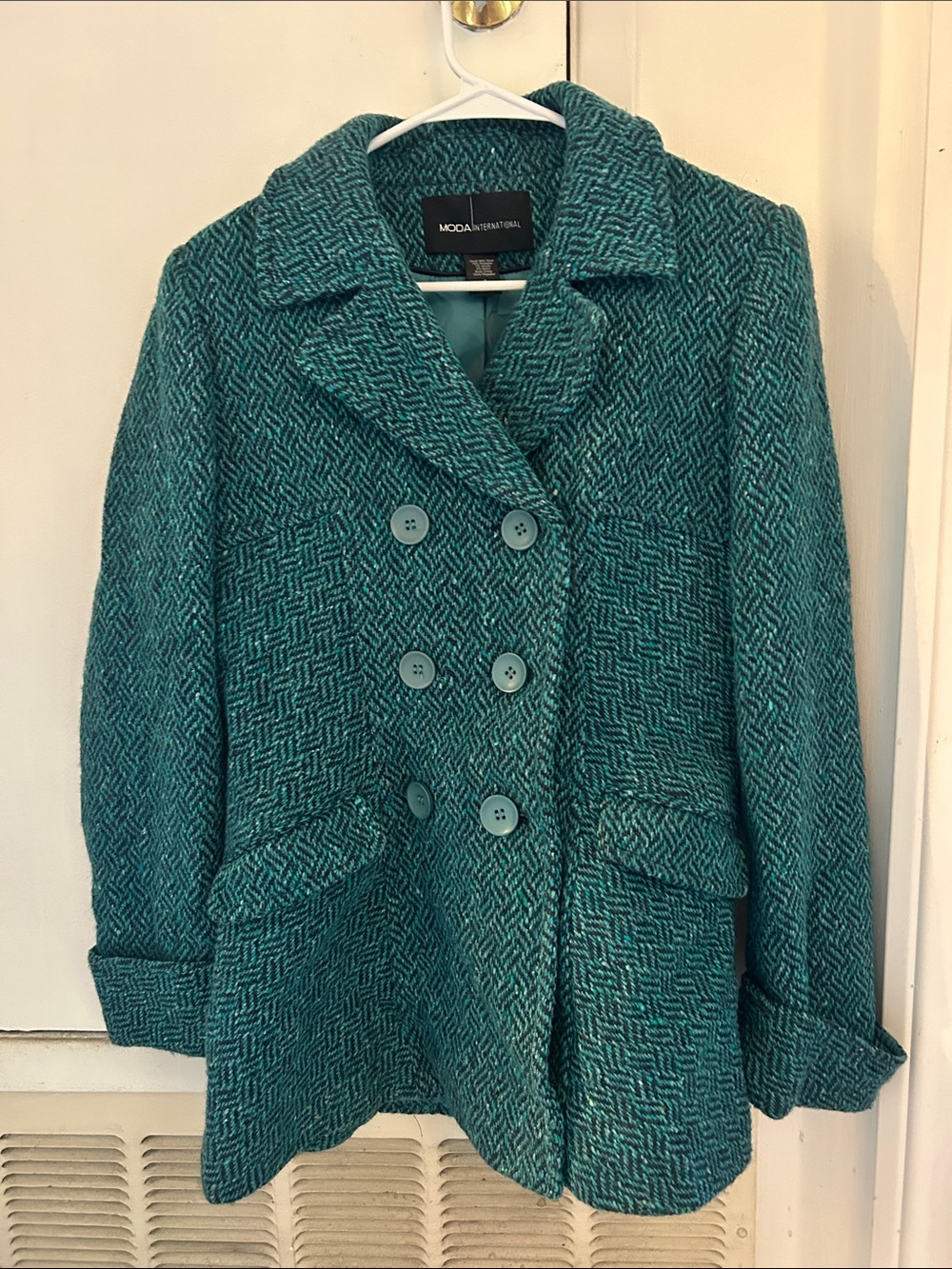 Moda International Teal Textured Double-Breasted Coat